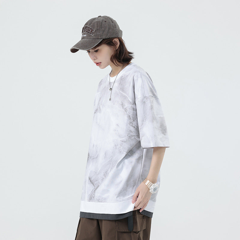 【L-81331】美式痞帥個性印染假倆件短袖T袖(男女同款)
