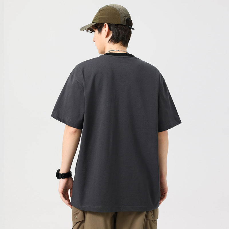 【P-T6832】日系復古刺繡撞色圓領短袖T恤