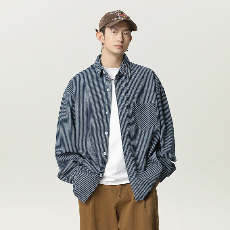 【A-MC7136】春季新款 日系復古後背拼接設計休閒牛仔條紋襯衫