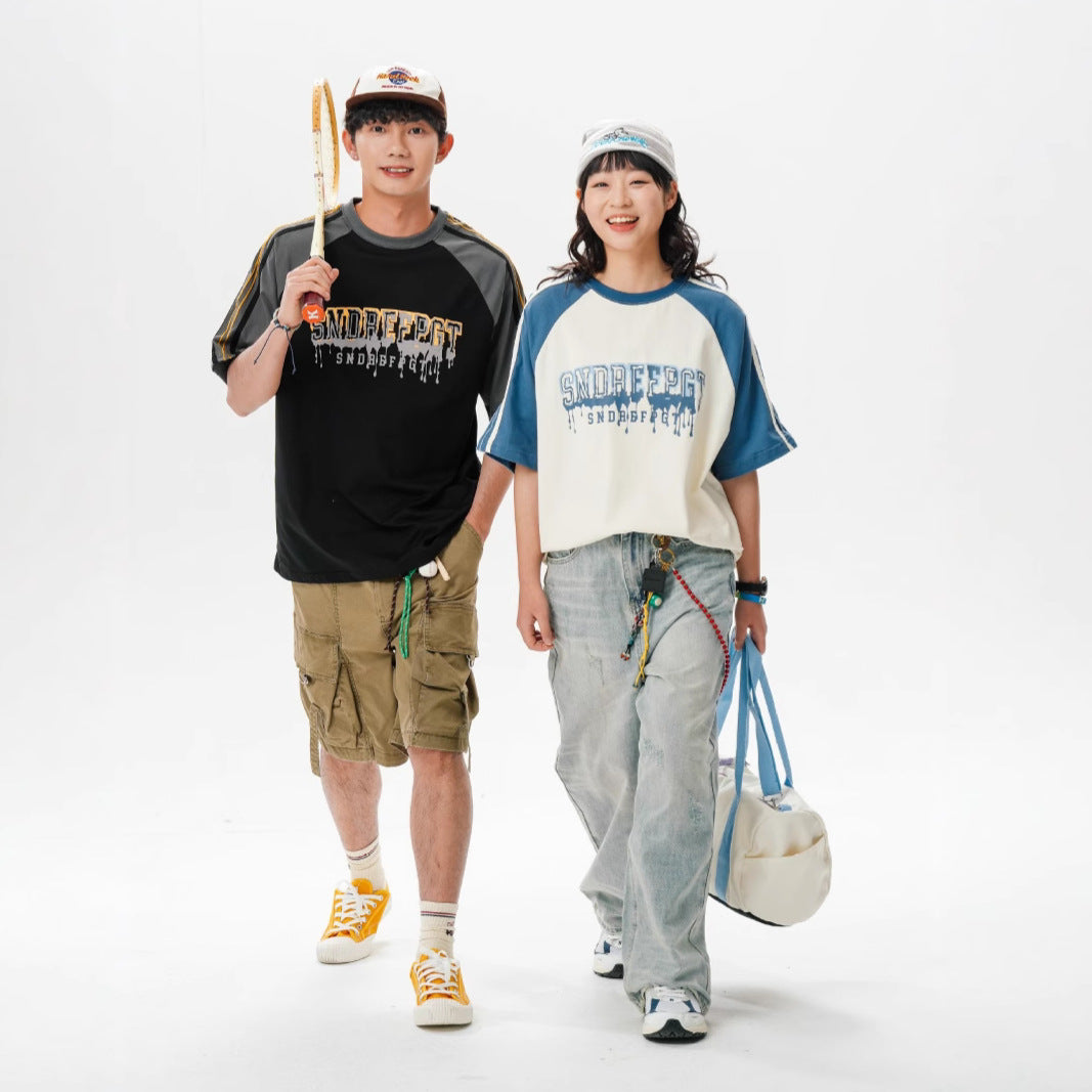 【P-25T-01】日系復古字母印花拼色短袖T恤(男女同款)