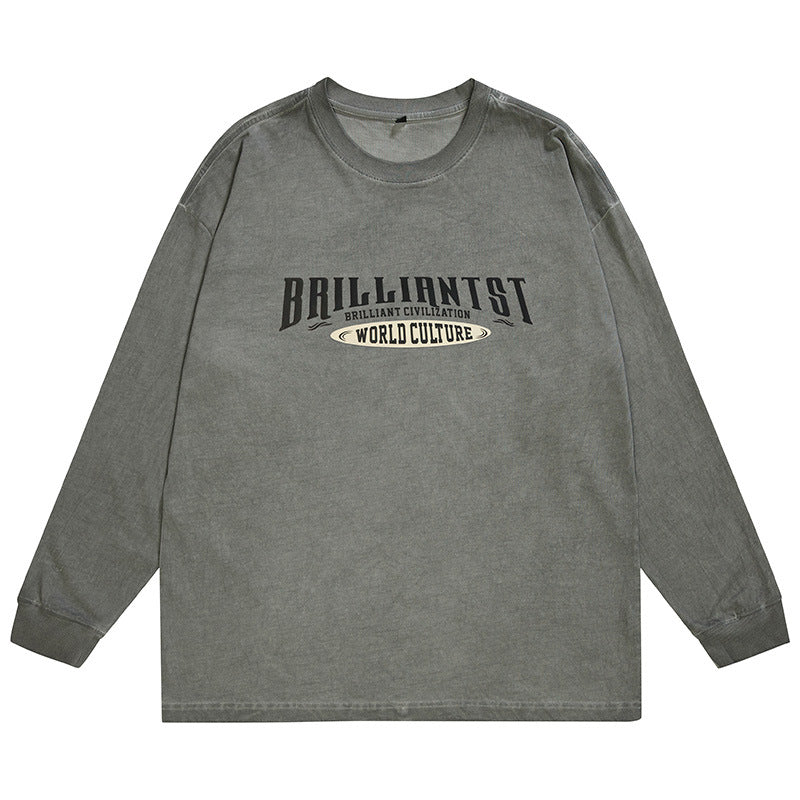 【B-F1278】春季新品 炒色髒洗復古做舊印花長袖T恤 大尺碼