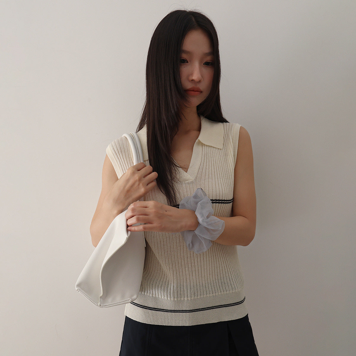 【G-3057】條紋冰絲絕美Polo領針織無袖上衣