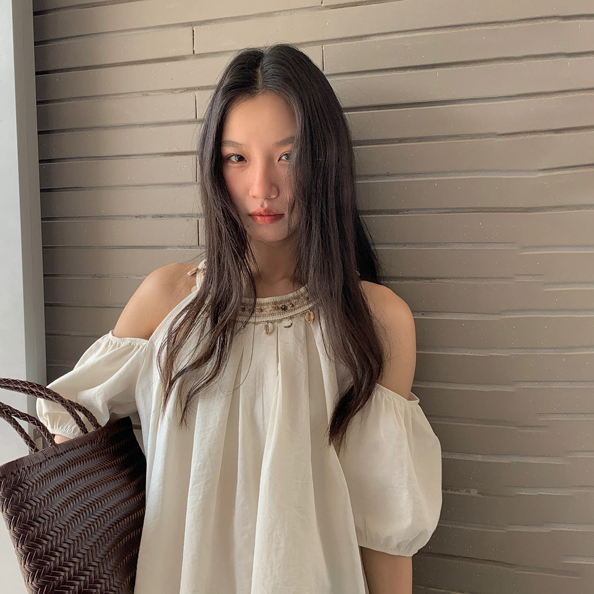 【G-2838】波希米亞高級工藝釘珠領露肩襯衫上衣