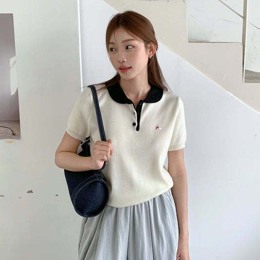 【G-2772】刺繡小狗撞色娃娃領短袖針織衫
