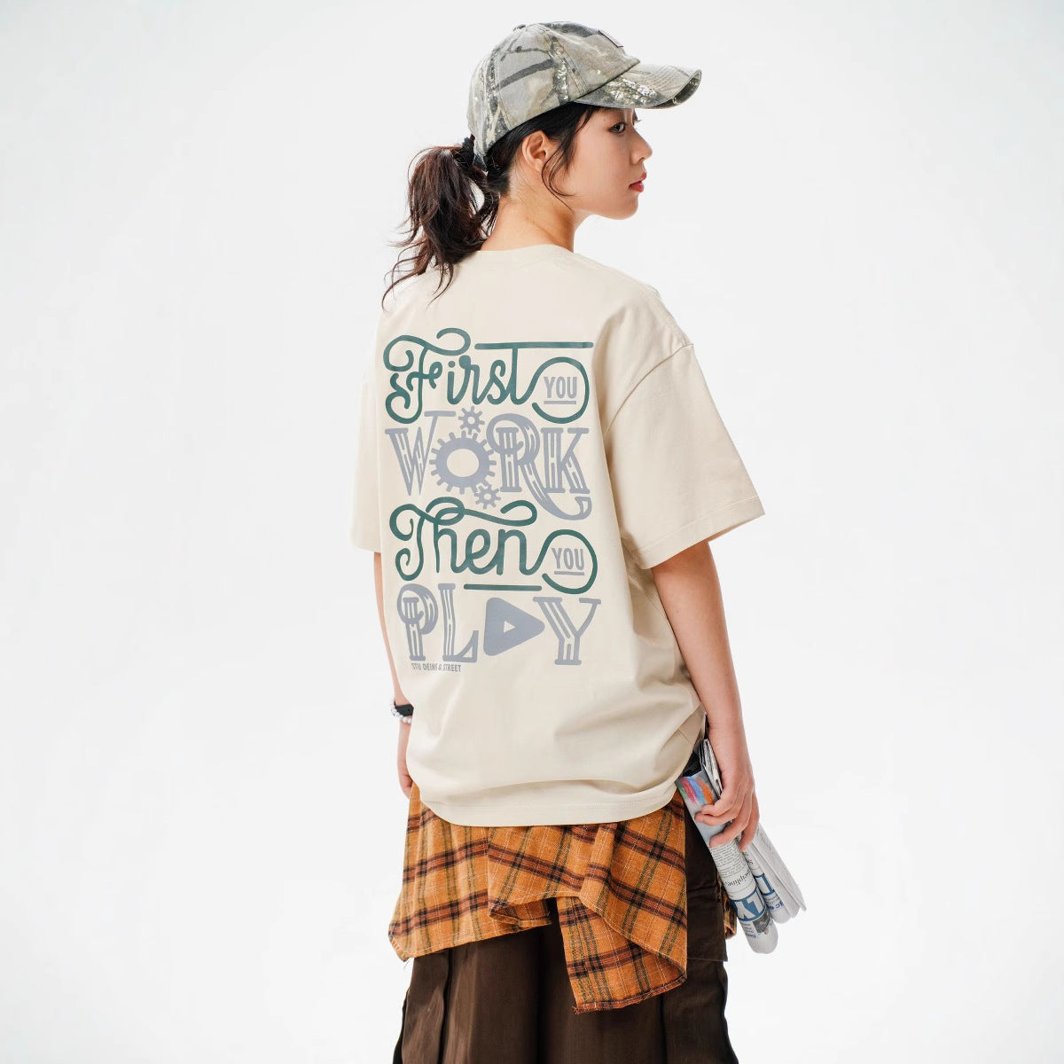 【P-2520】復古水洗棉字母印花短袖T恤（男女同款）