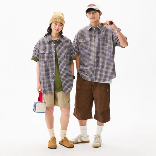 【P-CS320】日系復古格紋寬鬆休閒襯衫（男女同款）
