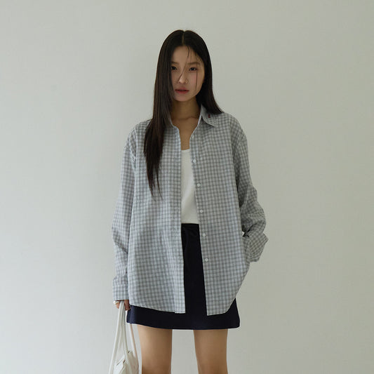 【G-3090】初秋新款字母刺繡格紋長袖襯衫