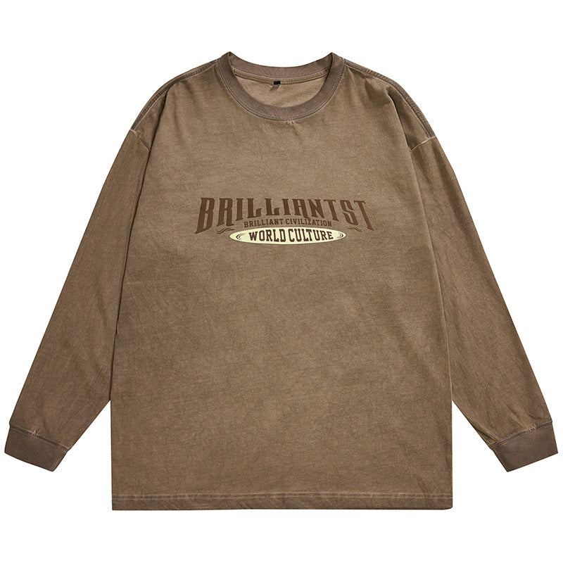 【B-F1278】春季新品 炒色髒洗復古做舊印花長袖T恤 大尺碼