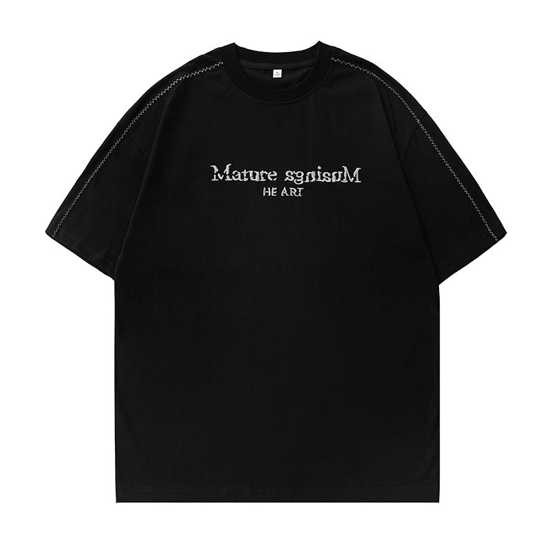 【A-MT7192】質感破碎字母刺繡明線撞色設計純棉短袖T恤