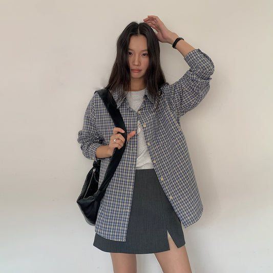 【G-Y005】藍灰格子miu系長袖襯衫