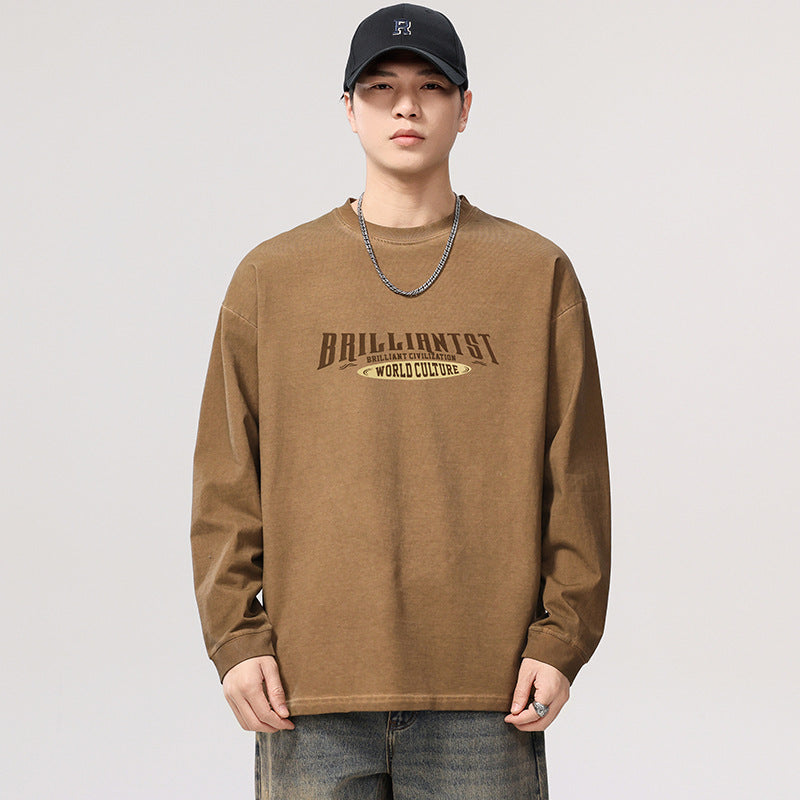 【B-F1278】春季新品 炒色髒洗復古做舊印花長袖T恤 大尺碼