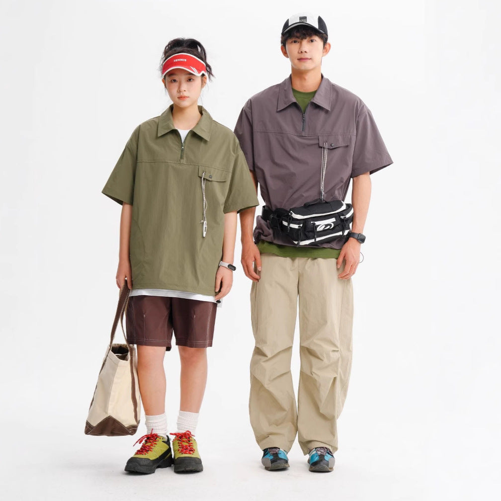 【P-T1070】夏季機能風半拉鍊翻領休閒衝鋒速乾POLO衫（男女同款）