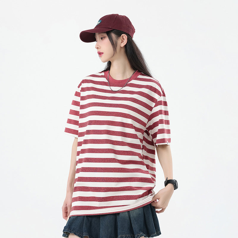【L-81325】美式潮牌彩棉條紋短袖T恤（男女同款）