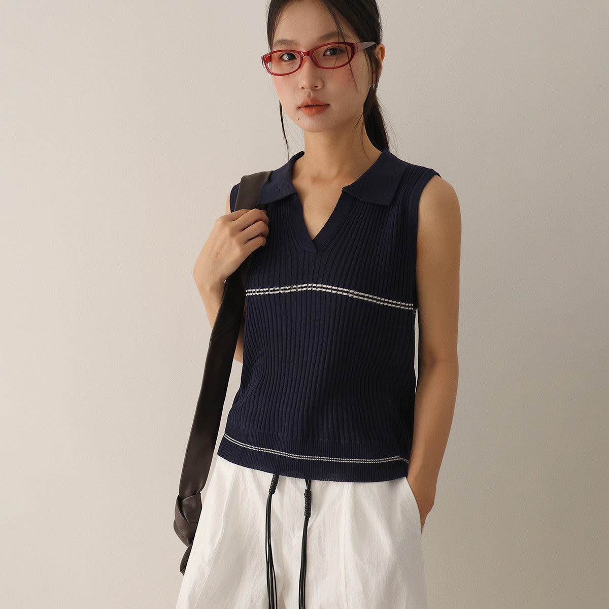 【G-3057】條紋冰絲絕美Polo領針織無袖上衣
