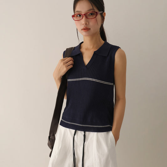 【G-3057】條紋冰絲絕美Polo領針織無袖上衣