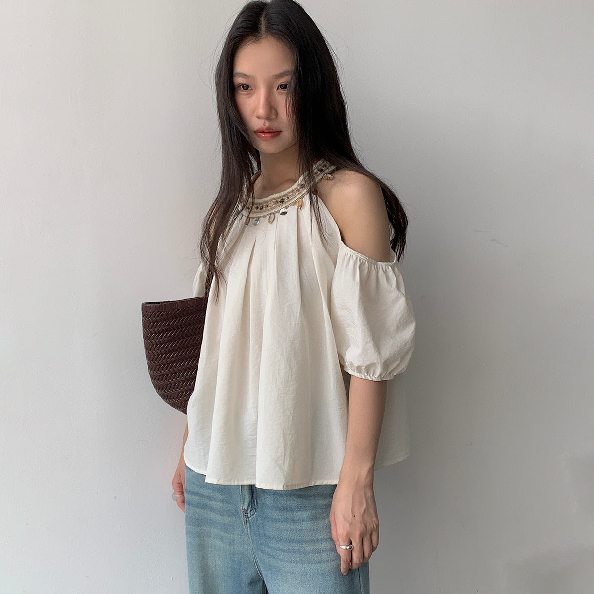 【G-2838】波希米亞高級工藝釘珠領露肩襯衫上衣