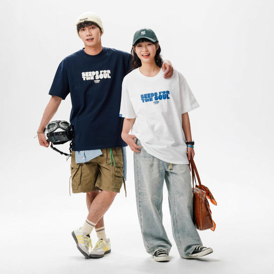 【P-2538】夏季新款美式復古字母圓領印花短袖T恤（男女同款）