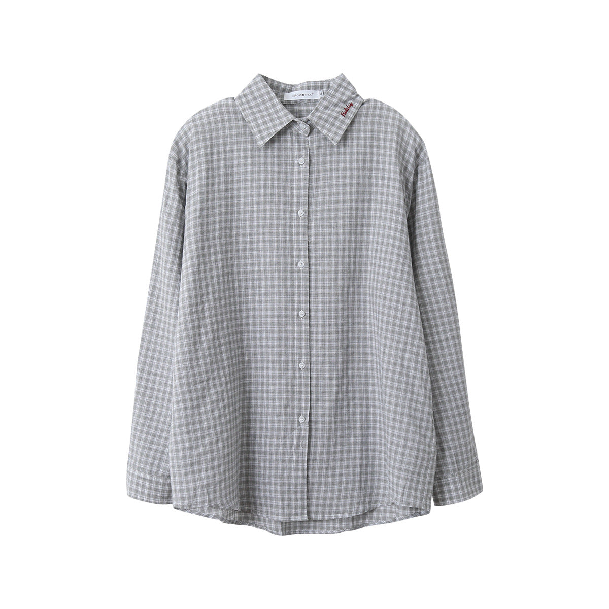 【G-3090】初秋新款字母刺繡格紋長袖襯衫